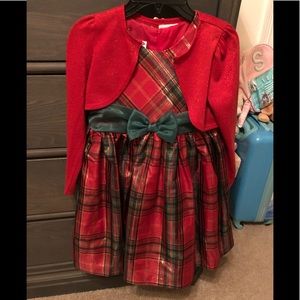 Bonnie Jean red green gold plaid holiday dress with matching red sweater 8 EUC